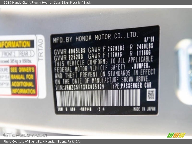 Solar Silver Metallic / Black 2019 Honda Clarity Plug In Hybrid
