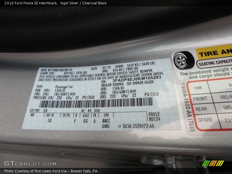 2019 Fiesta SE Hatchback Ingot Silver Color Code UX