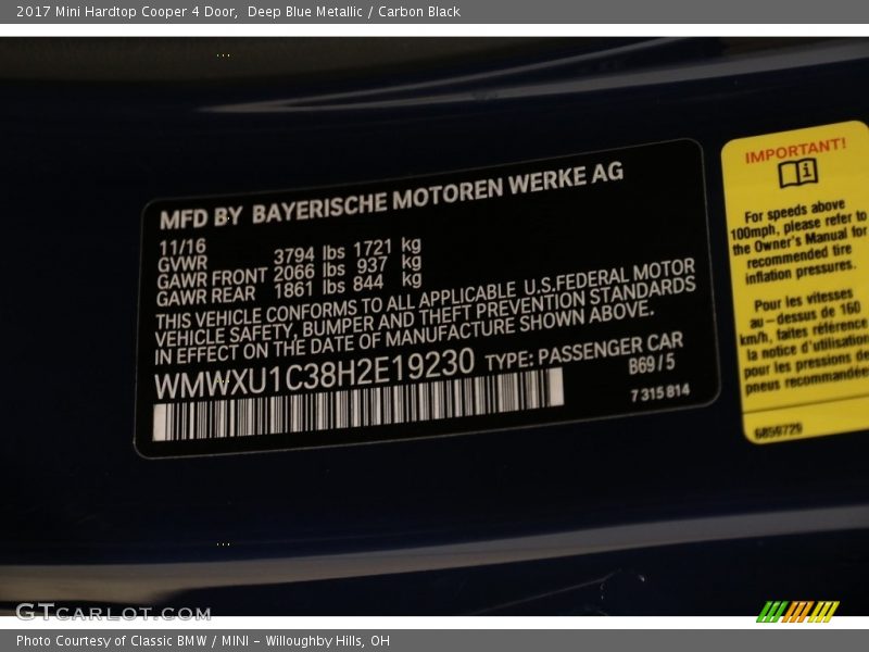 Deep Blue Metallic / Carbon Black 2017 Mini Hardtop Cooper 4 Door