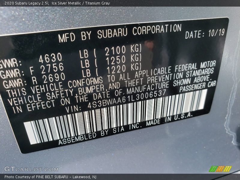 Ice Silver Metallic / Titanium Gray 2020 Subaru Legacy 2.5i
