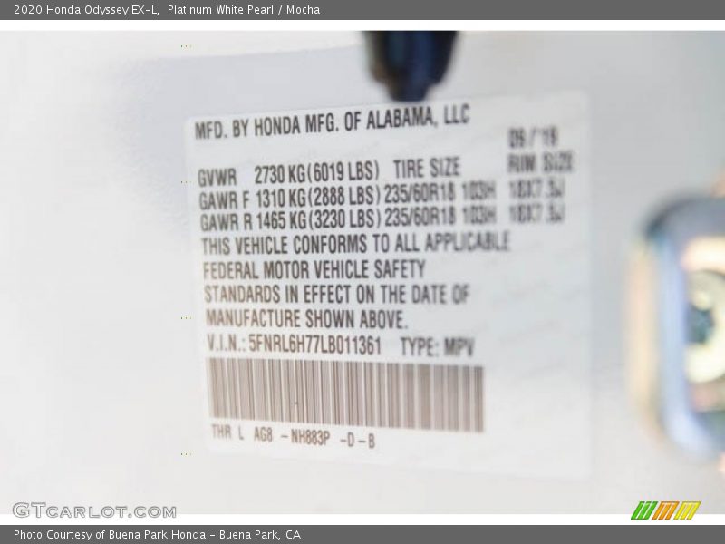 Platinum White Pearl / Mocha 2020 Honda Odyssey EX-L