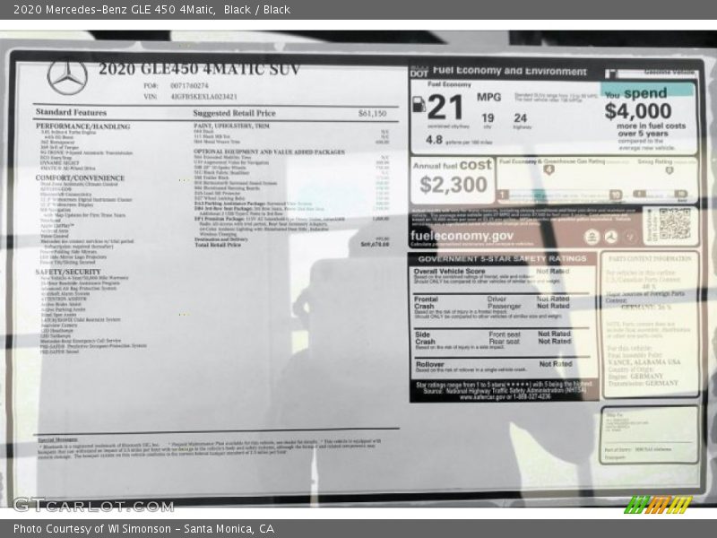  2020 GLE 450 4Matic Window Sticker