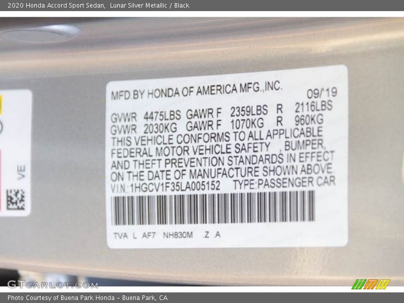 2020 Accord Sport Sedan Lunar Silver Metallic Color Code NH830M