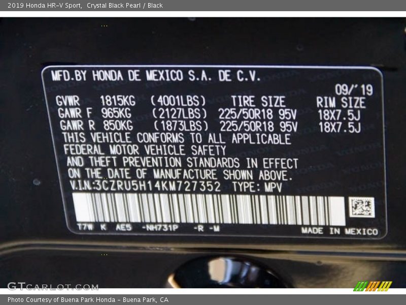 Crystal Black Pearl / Black 2019 Honda HR-V Sport