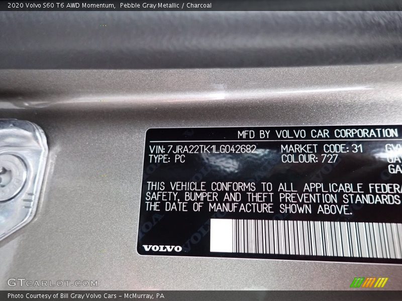 Pebble Gray Metallic / Charcoal 2020 Volvo S60 T6 AWD Momentum