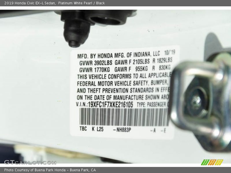 Platinum White Pearl / Black 2019 Honda Civic EX-L Sedan
