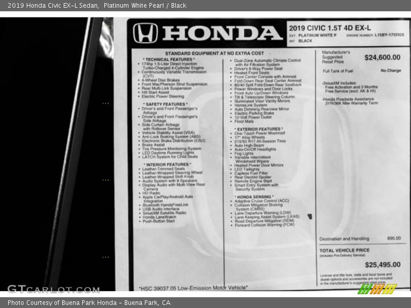 Platinum White Pearl / Black 2019 Honda Civic EX-L Sedan