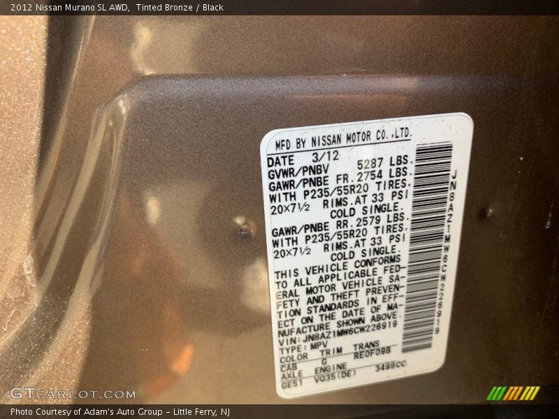 Tinted Bronze / Black 2012 Nissan Murano SL AWD