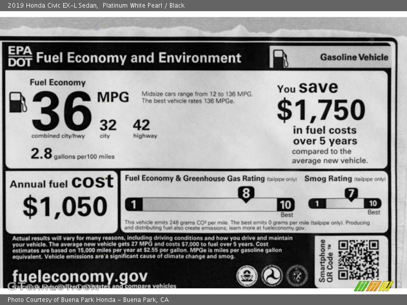 Platinum White Pearl / Black 2019 Honda Civic EX-L Sedan