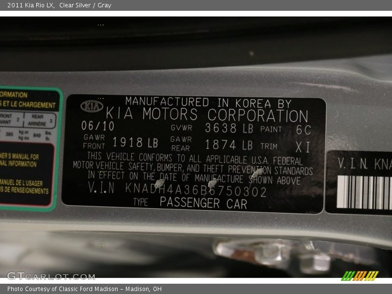 Clear Silver / Gray 2011 Kia Rio LX