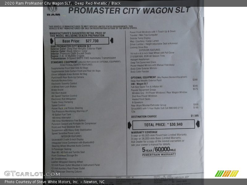  2020 ProMaster City Wagon SLT Window Sticker