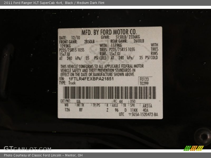 Black / Medium Dark Flint 2011 Ford Ranger XLT SuperCab 4x4