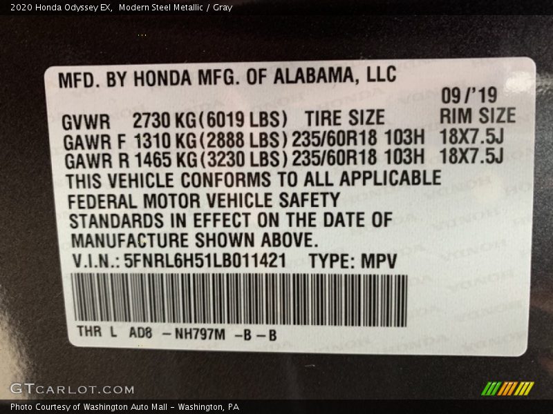 Modern Steel Metallic / Gray 2020 Honda Odyssey EX