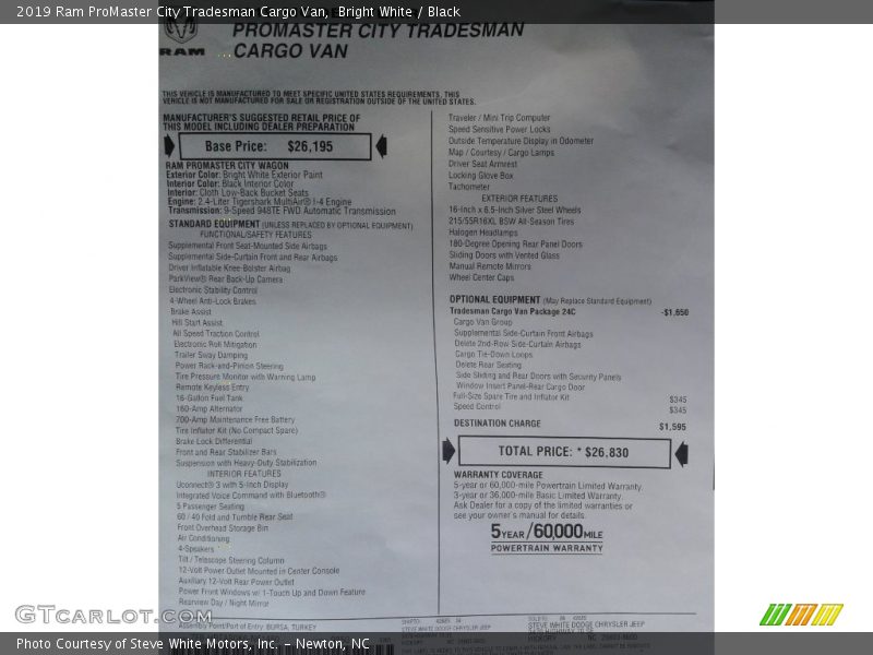 Bright White / Black 2019 Ram ProMaster City Tradesman Cargo Van