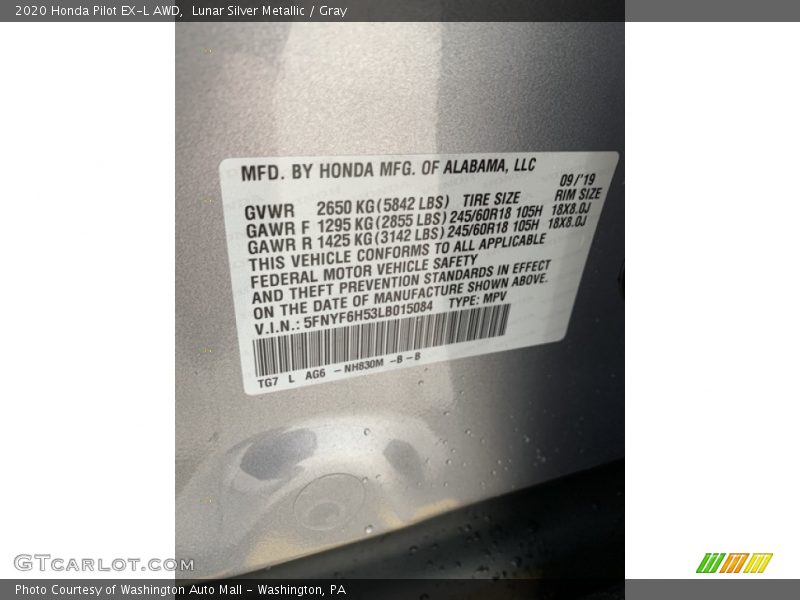 Lunar Silver Metallic / Gray 2020 Honda Pilot EX-L AWD