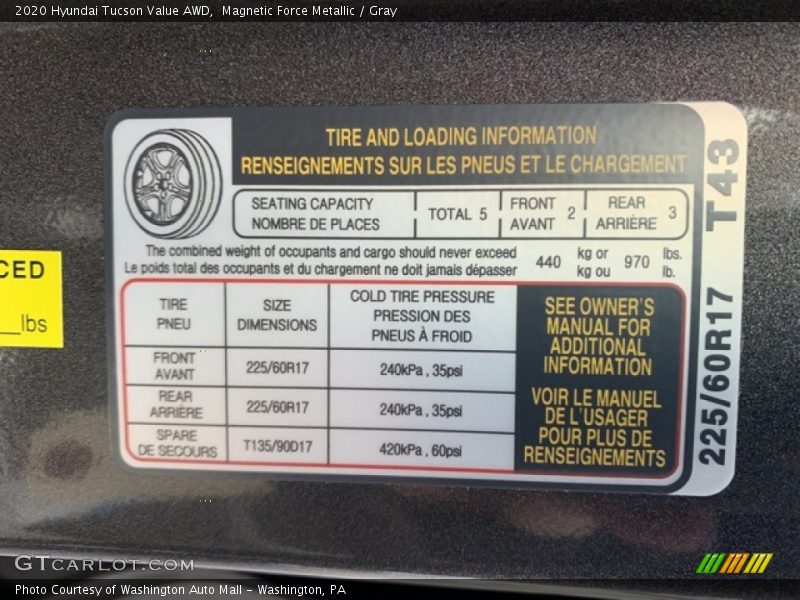 Info Tag of 2020 Tucson Value AWD