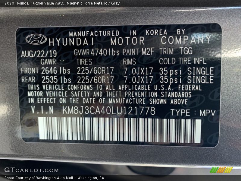 2020 Tucson Value AWD Magnetic Force Metallic Color Code M2F