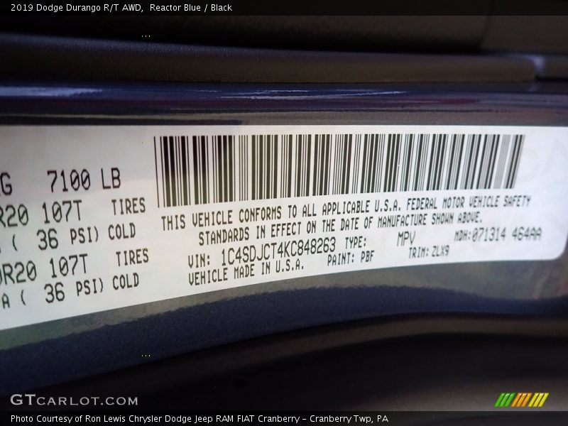 2019 Durango R/T AWD Reactor Blue Color Code PBF