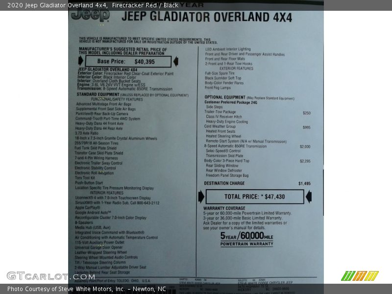  2020 Gladiator Overland 4x4 Window Sticker