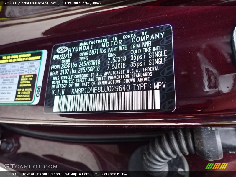 2020 Palisade SE AWD Sierra Burgundy Color Code W7B