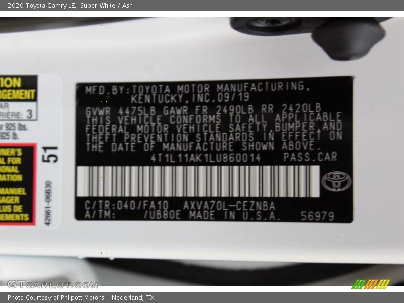 2020 Camry LE Super White Color Code 040