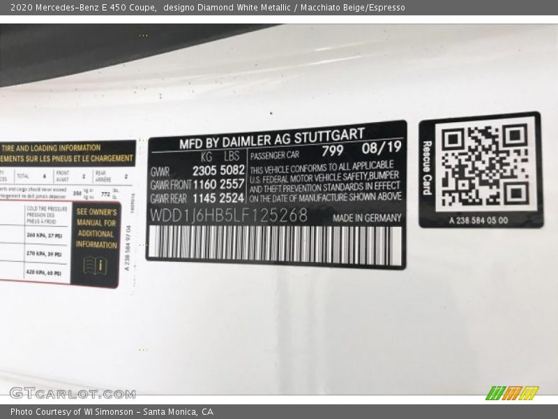 2020 E 450 Coupe designo Diamond White Metallic Color Code 799