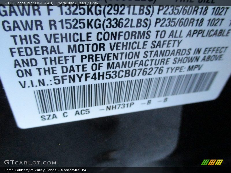Crystal Black Pearl / Gray 2012 Honda Pilot EX-L 4WD