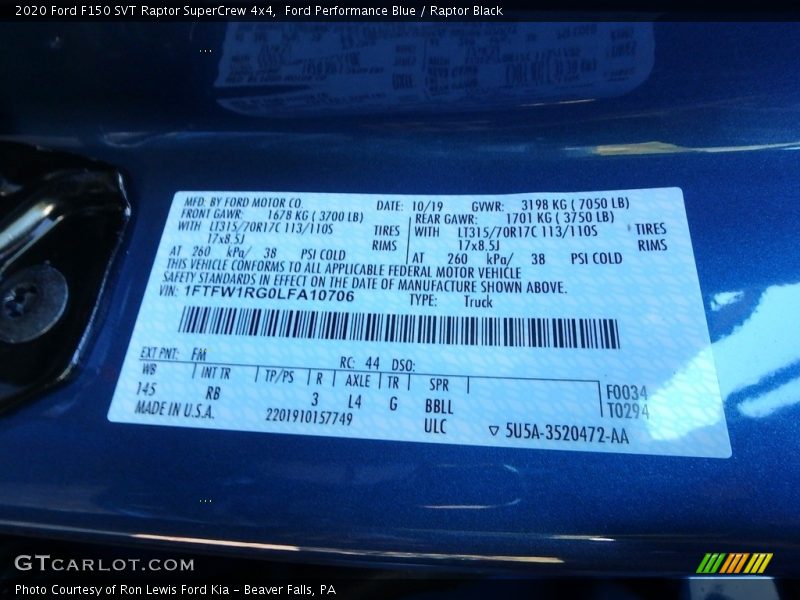 2020 F150 SVT Raptor SuperCrew 4x4 Ford Performance Blue Color Code FM