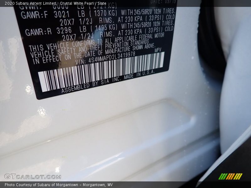Crystal White Pearl / Slate 2020 Subaru Ascent Limited