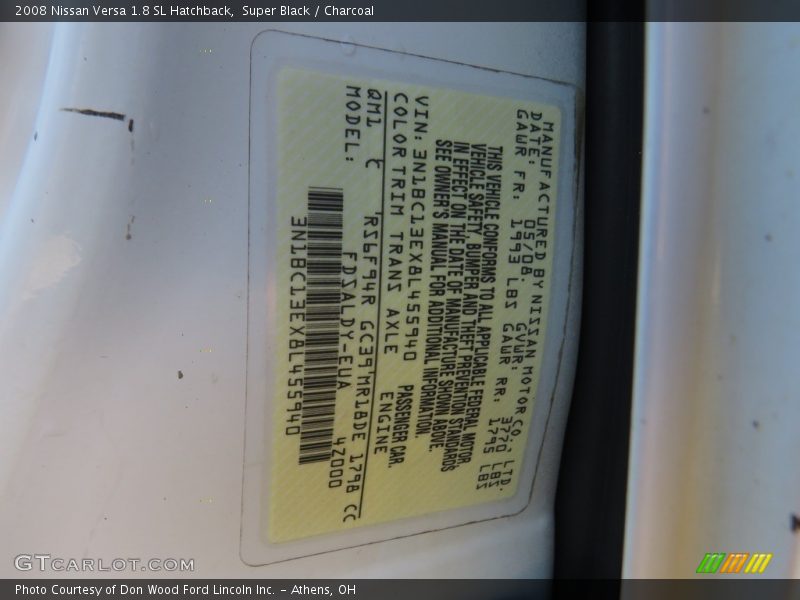 Super Black / Charcoal 2008 Nissan Versa 1.8 SL Hatchback