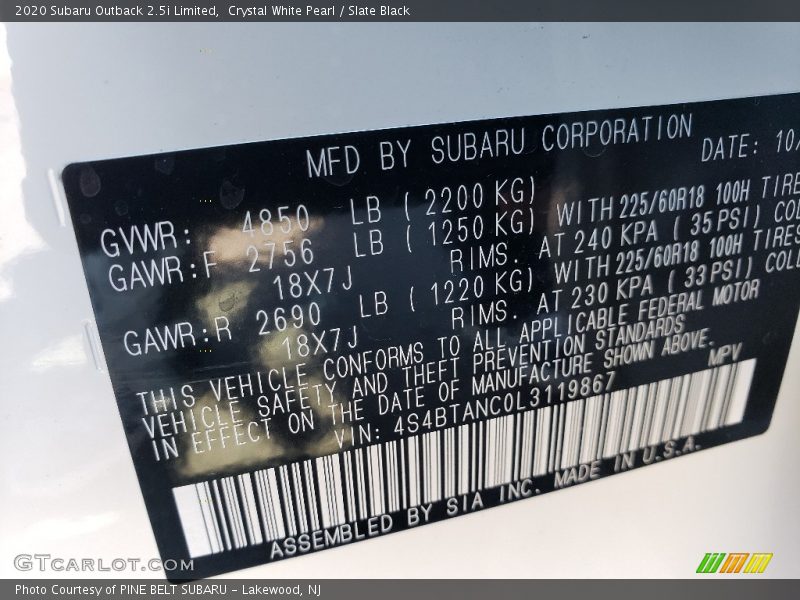 Crystal White Pearl / Slate Black 2020 Subaru Outback 2.5i Limited