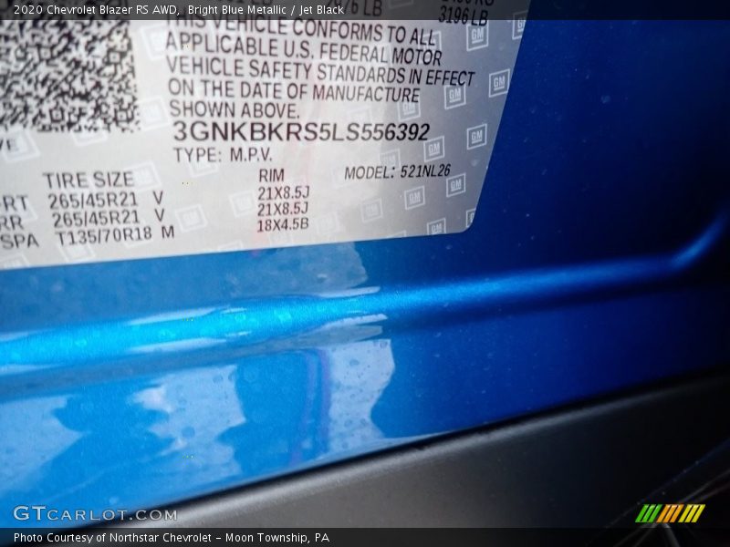 Bright Blue Metallic / Jet Black 2020 Chevrolet Blazer RS AWD