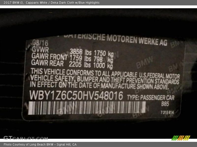 Capparis White / Deka Dark Cloth w/Blue Highlights 2017 BMW i3