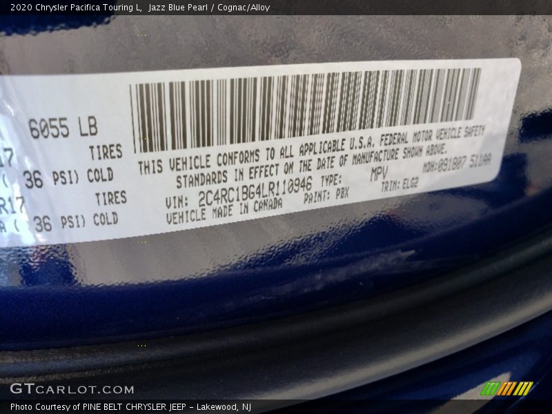 Jazz Blue Pearl / Cognac/Alloy 2020 Chrysler Pacifica Touring L