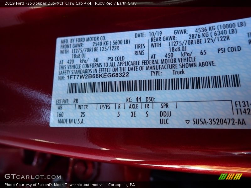 2019 F250 Super Duty XLT Crew Cab 4x4 Ruby Red Color Code RR