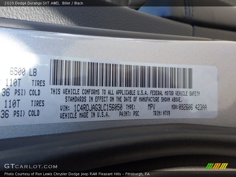 Billet / Black 2020 Dodge Durango SXT AWD