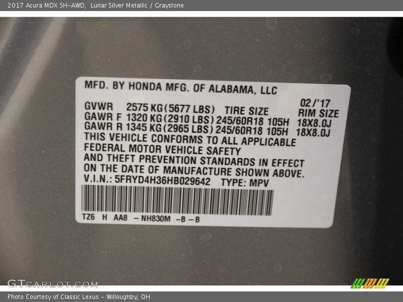 Lunar Silver Metallic / Graystone 2017 Acura MDX SH-AWD