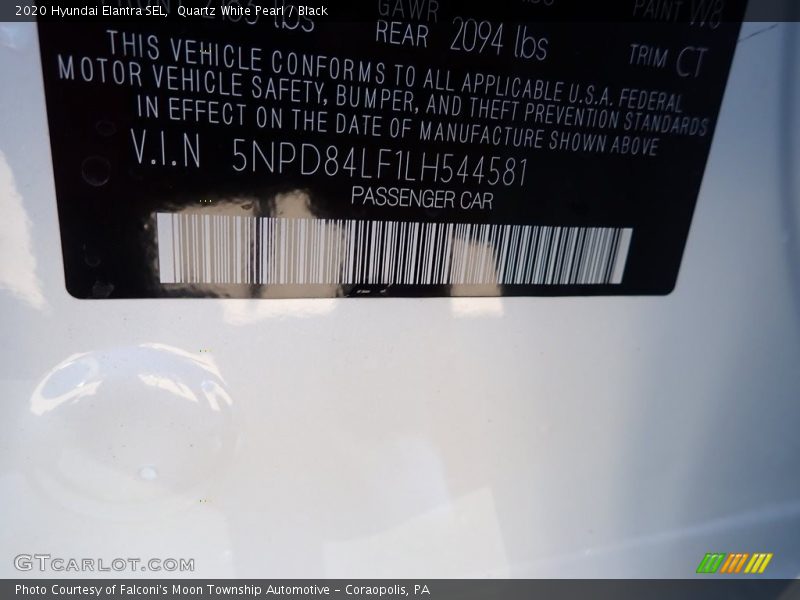 Quartz White Pearl / Black 2020 Hyundai Elantra SEL
