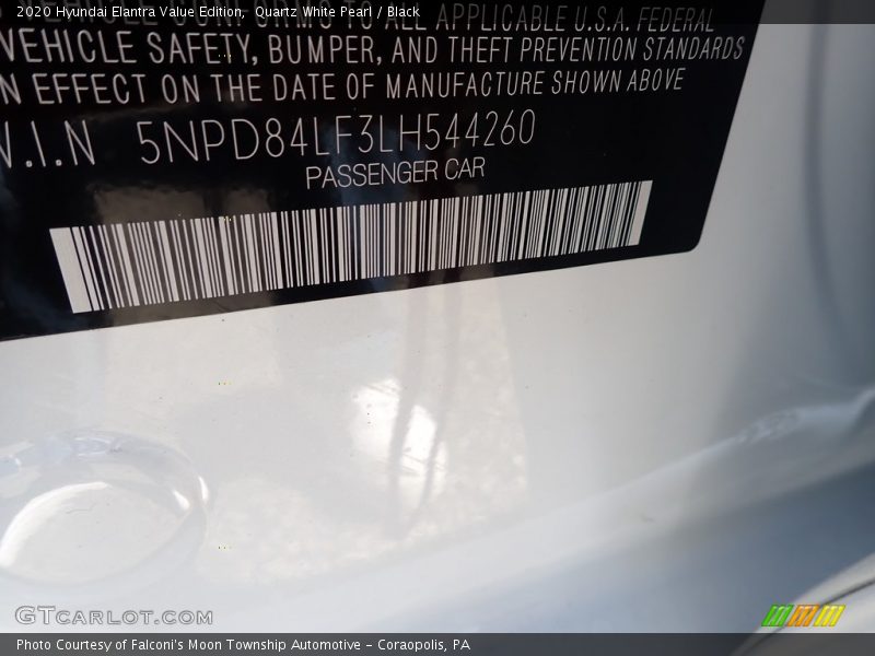 Quartz White Pearl / Black 2020 Hyundai Elantra Value Edition