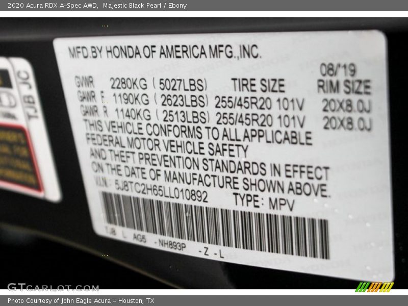 2020 RDX A-Spec AWD Majestic Black Pearl Color Code NH893P