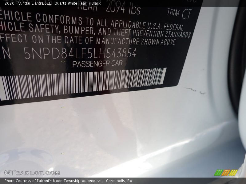 Quartz White Pearl / Black 2020 Hyundai Elantra SEL