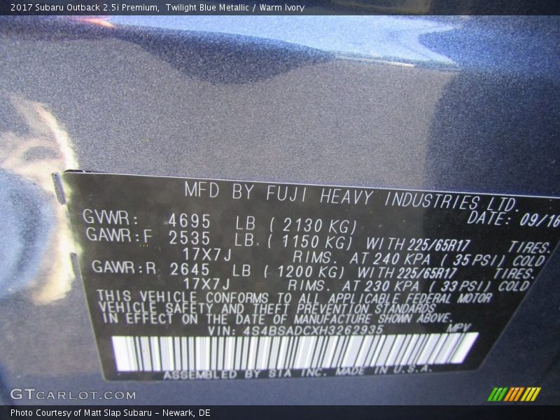 Twilight Blue Metallic / Warm Ivory 2017 Subaru Outback 2.5i Premium