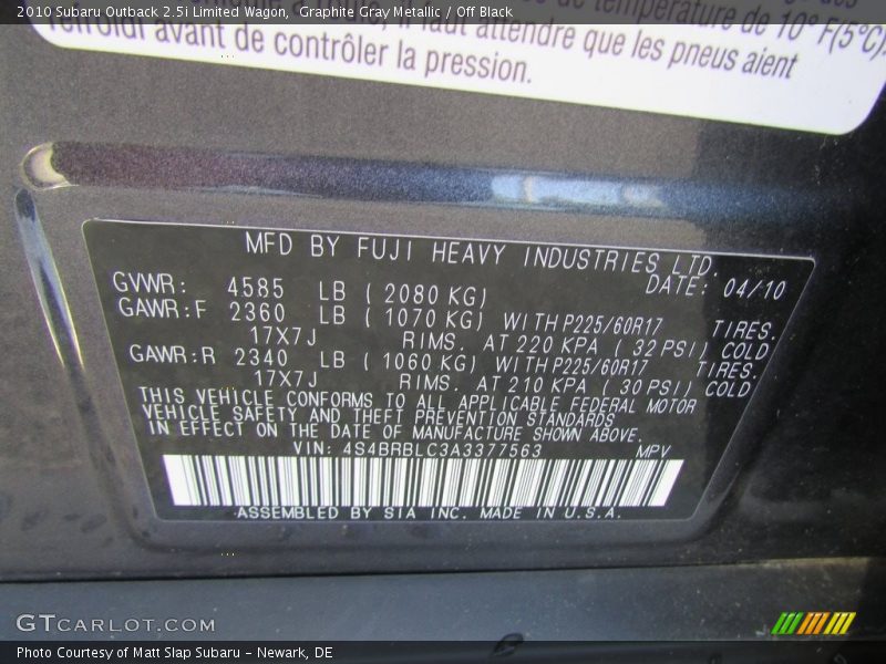 Graphite Gray Metallic / Off Black 2010 Subaru Outback 2.5i Limited Wagon