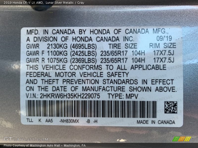 Lunar Silver Metallic / Gray 2019 Honda CR-V LX AWD
