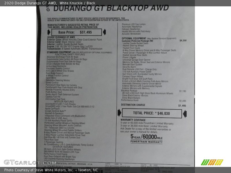 White Knuckle / Black 2020 Dodge Durango GT AWD