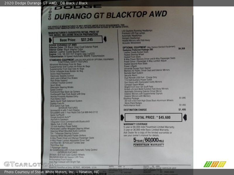 DB Black / Black 2020 Dodge Durango GT AWD