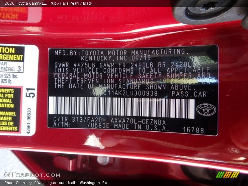 2020 Camry LE Ruby Flare Pearl Color Code 3T3