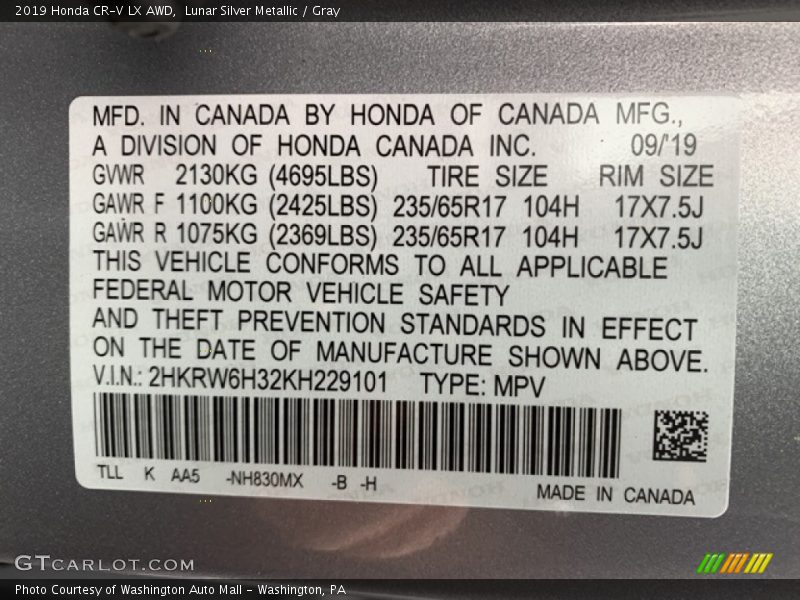 Lunar Silver Metallic / Gray 2019 Honda CR-V LX AWD
