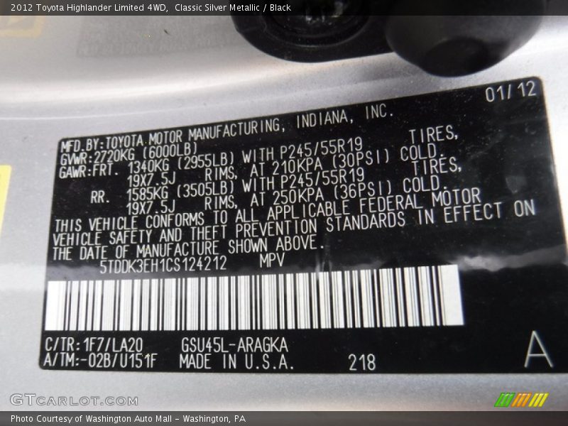 Classic Silver Metallic / Black 2012 Toyota Highlander Limited 4WD