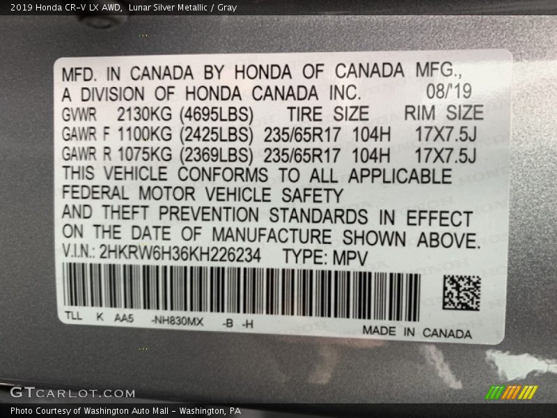 Lunar Silver Metallic / Gray 2019 Honda CR-V LX AWD